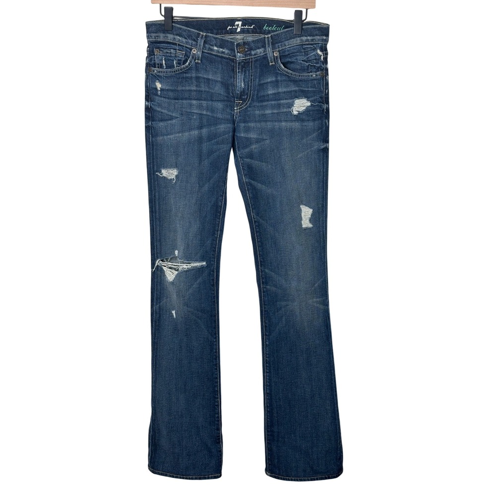7 For All Mankind Womens Bootcut Distressed Jeans Size 28 Dark Wash‎ Denim Long